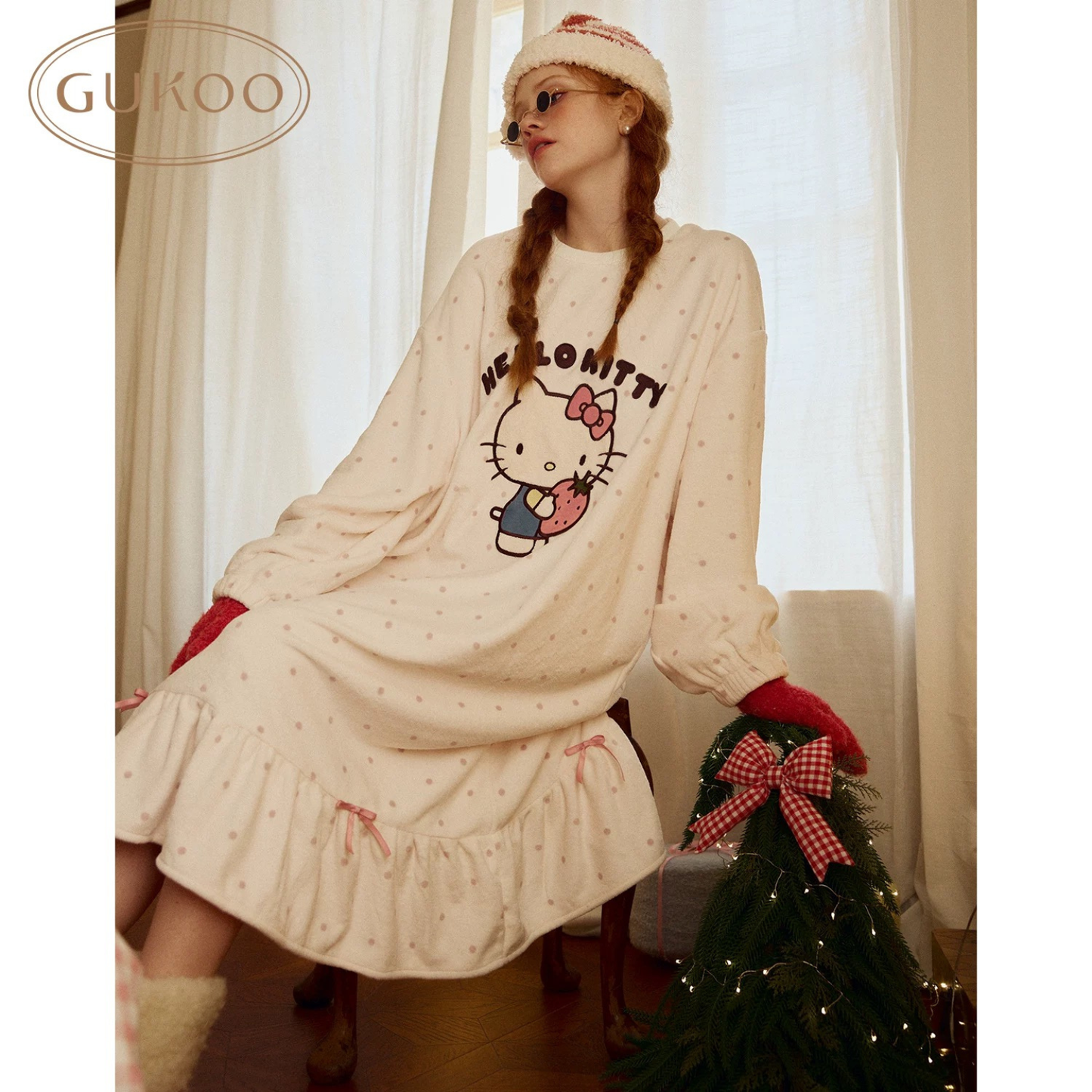 Gukoo/果殼睡裙冬季HelloKitty聯名｜波點甜美家居服睡裙