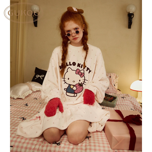 Gukoo/果殼睡裙冬季HelloKitty聯名｜波點甜美家居服睡裙