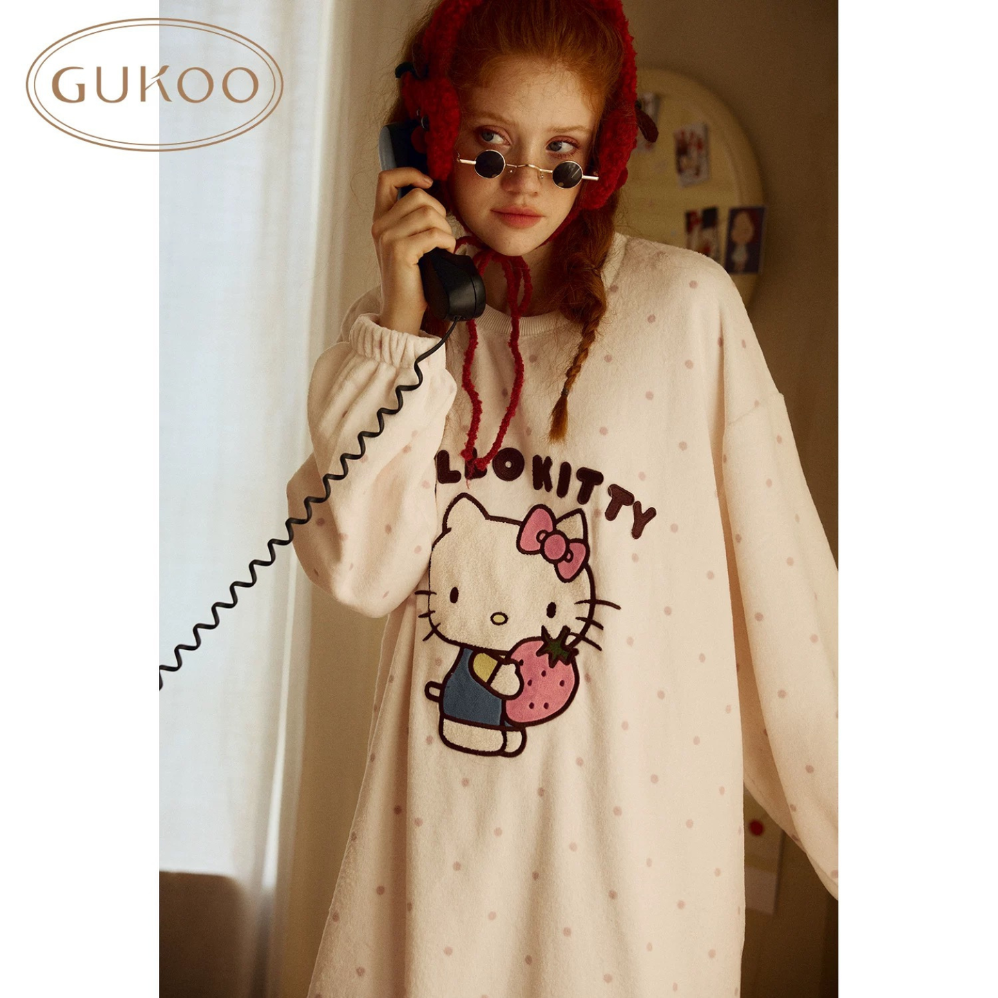 Gukoo/果殼睡裙冬季HelloKitty聯名｜波點甜美家居服睡裙